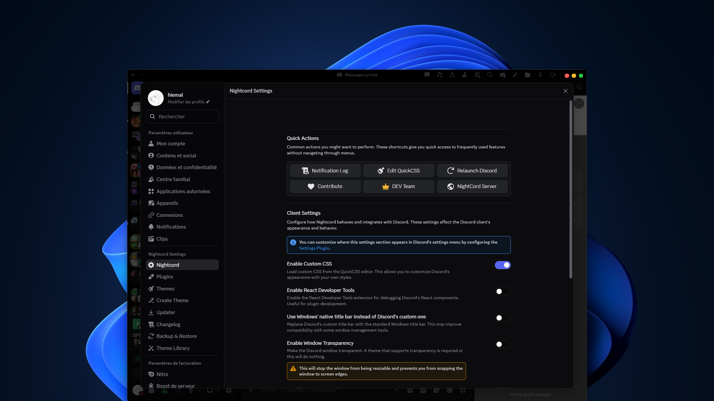 Nightcord settings interface